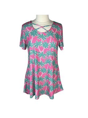 Simply Southern Sun Dress Medium Pink Green Coverup Pockets Palm Trees Summer